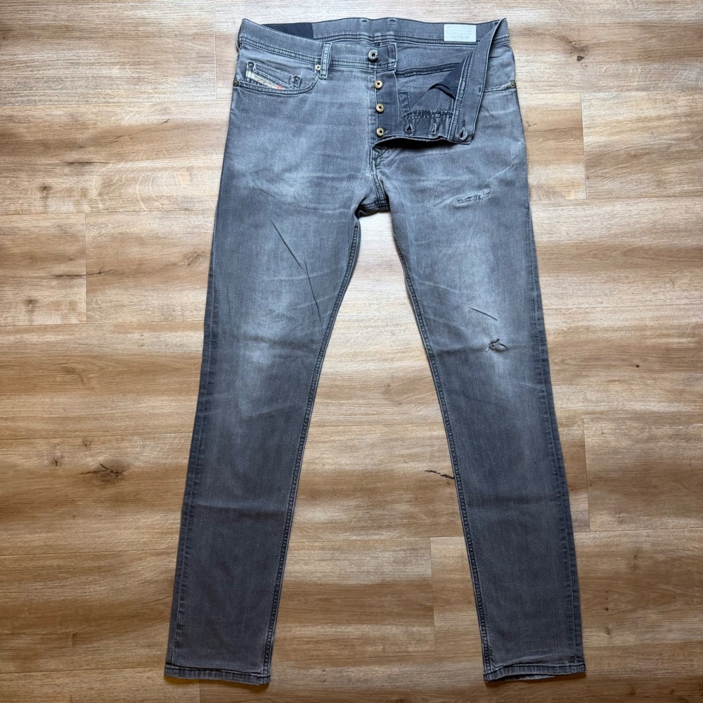 Diesel Tepphar Jeans Mens 32x34 Faded Grey Slim Carrot Distressed Denim 0886Z